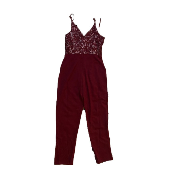 Skirt and Stiletto Women's Wine Red Lace Sleeveless Straight Leg Jumpsuit - Picture 6 of 7
